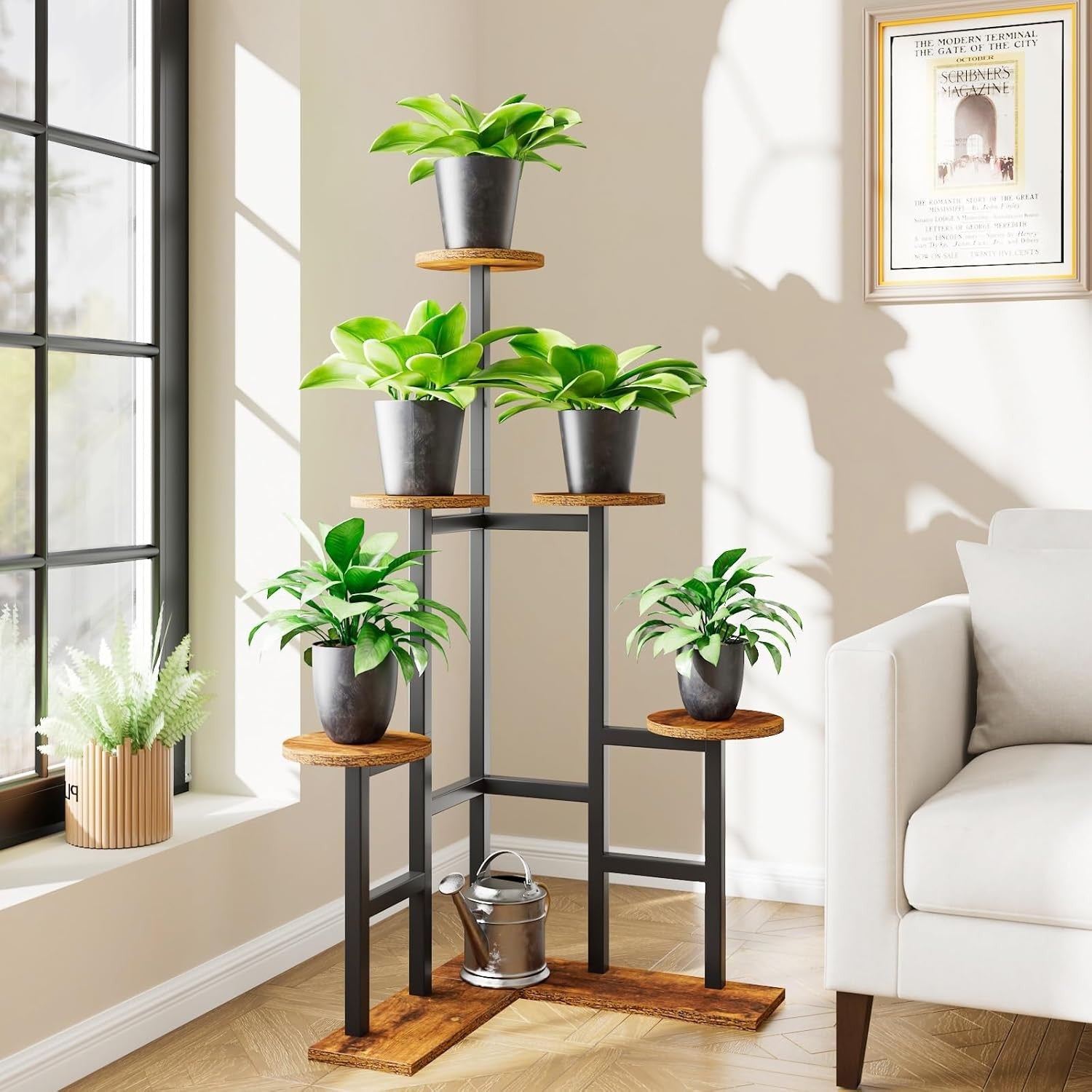 6 Tier Rustic Brown Metal Wood Plant Stand | Indoor Corner Shelf for Multiple