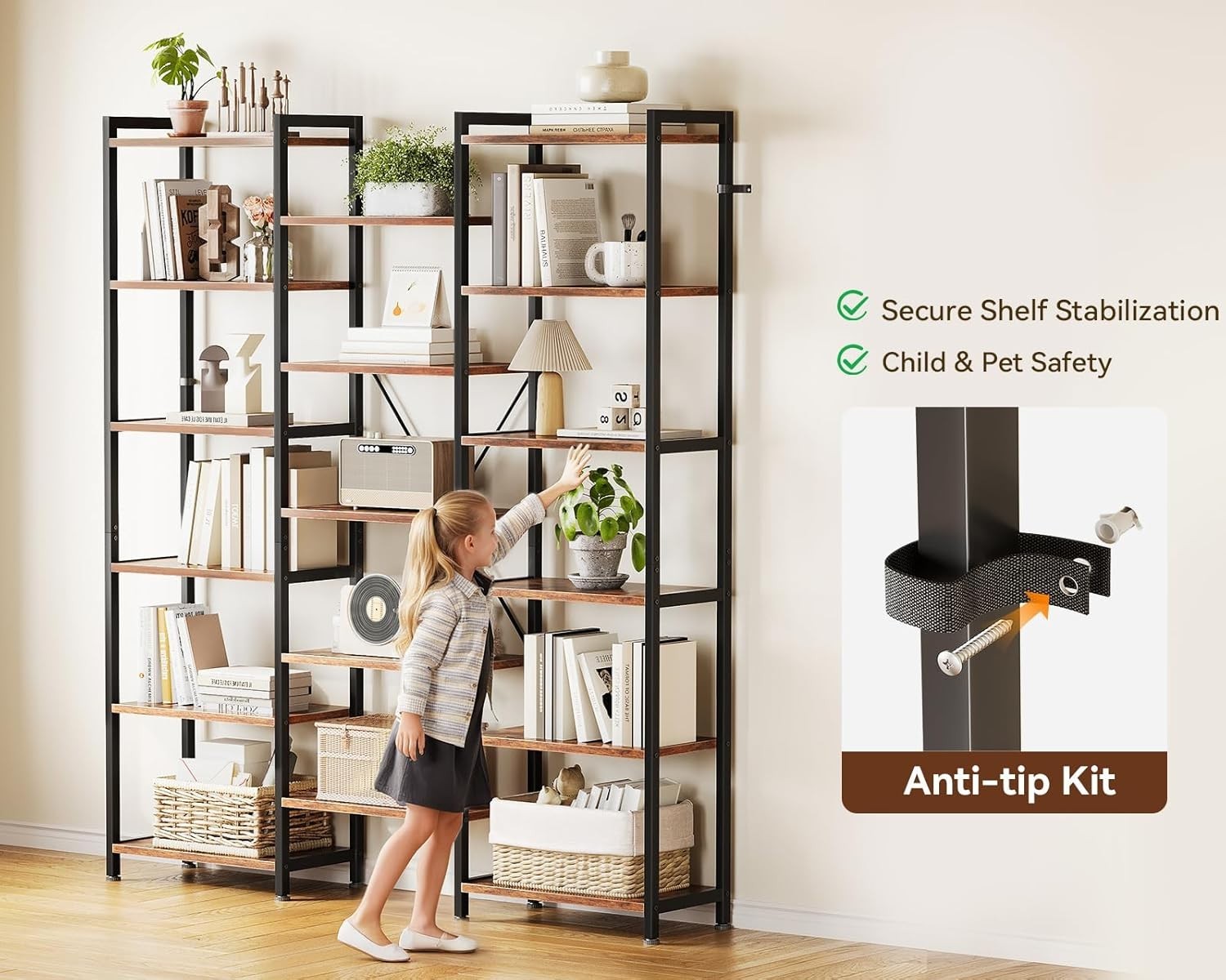 6 Tier Triple Bookshelf Industrial 14 Shelf Wide Bookcase Rustic Brown