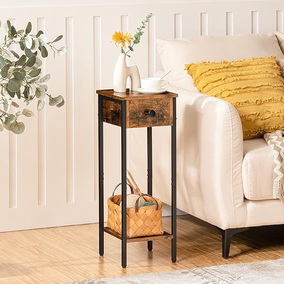 Slim Bedside Table with Drawer & Shelf, Tall Narrow Side Table for Small Spaces
