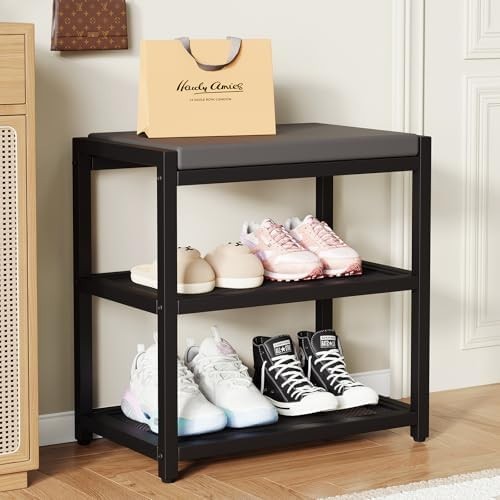 Black Shoe Bench with Cushion & Sturdy Metal Frame, Storage Rack Seat