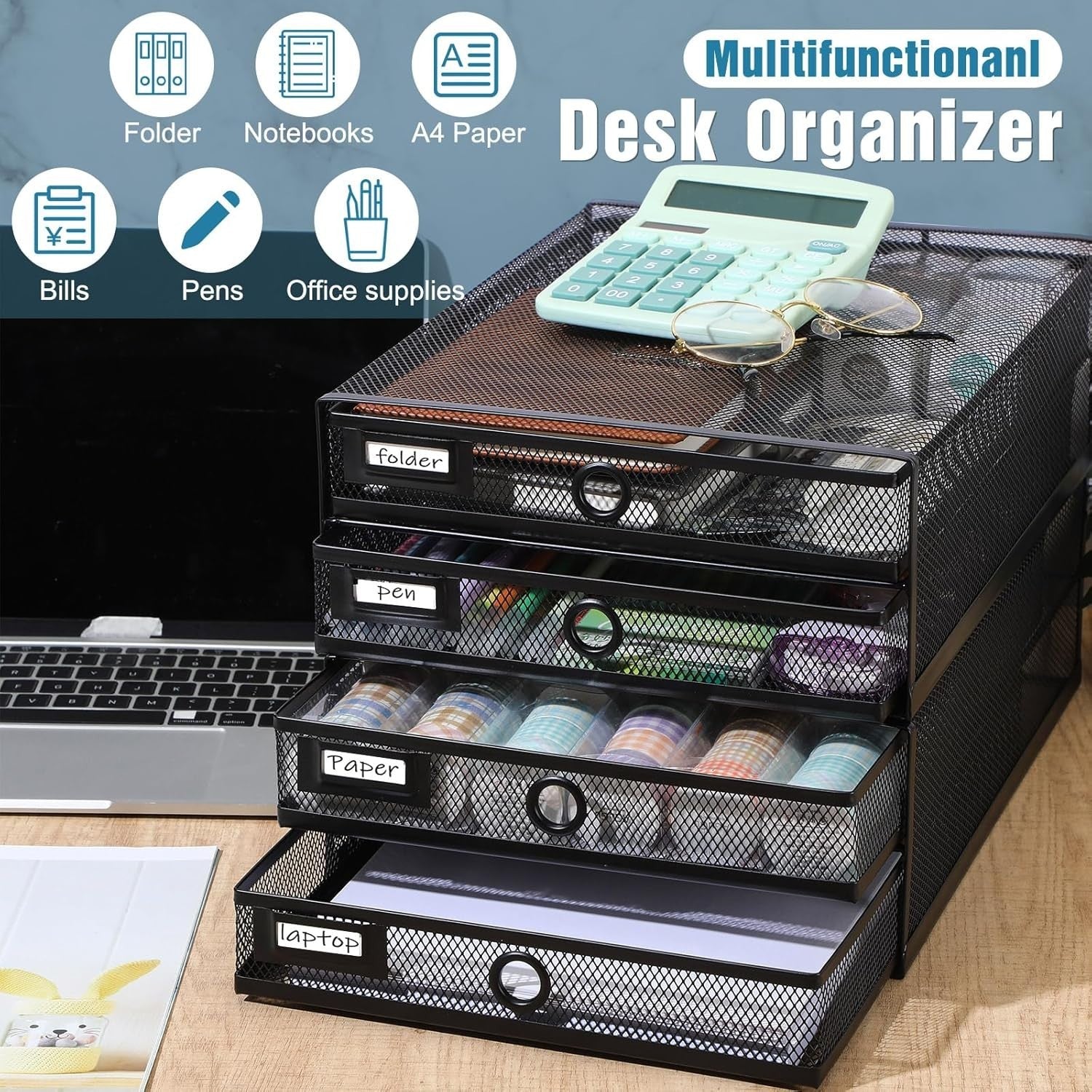 2-Tier Metal Desk Organizer with Drawers – Large A4 Paper Storage, Office Tray
