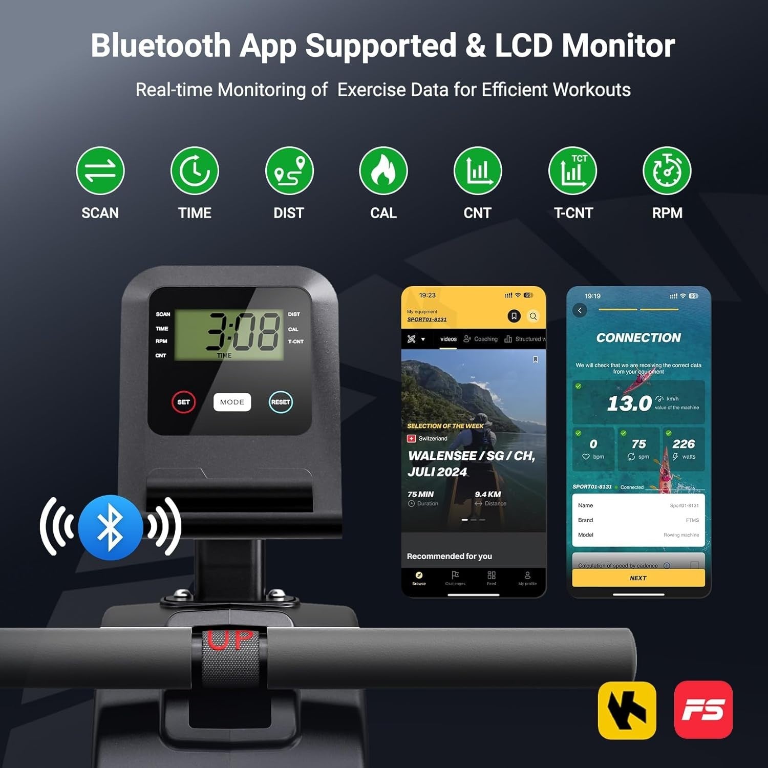 Rowing Machine 16-Level Quiet Resistance Bluetooth LCD Dual Rail 350LB