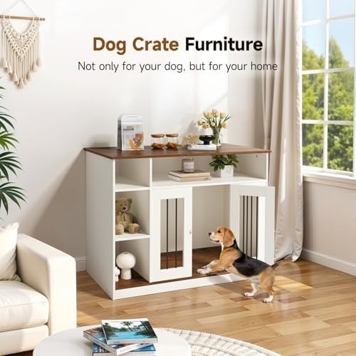 Wooden Dog Crate Furniture White – Lockable Medium Pet Kennel Cabinet