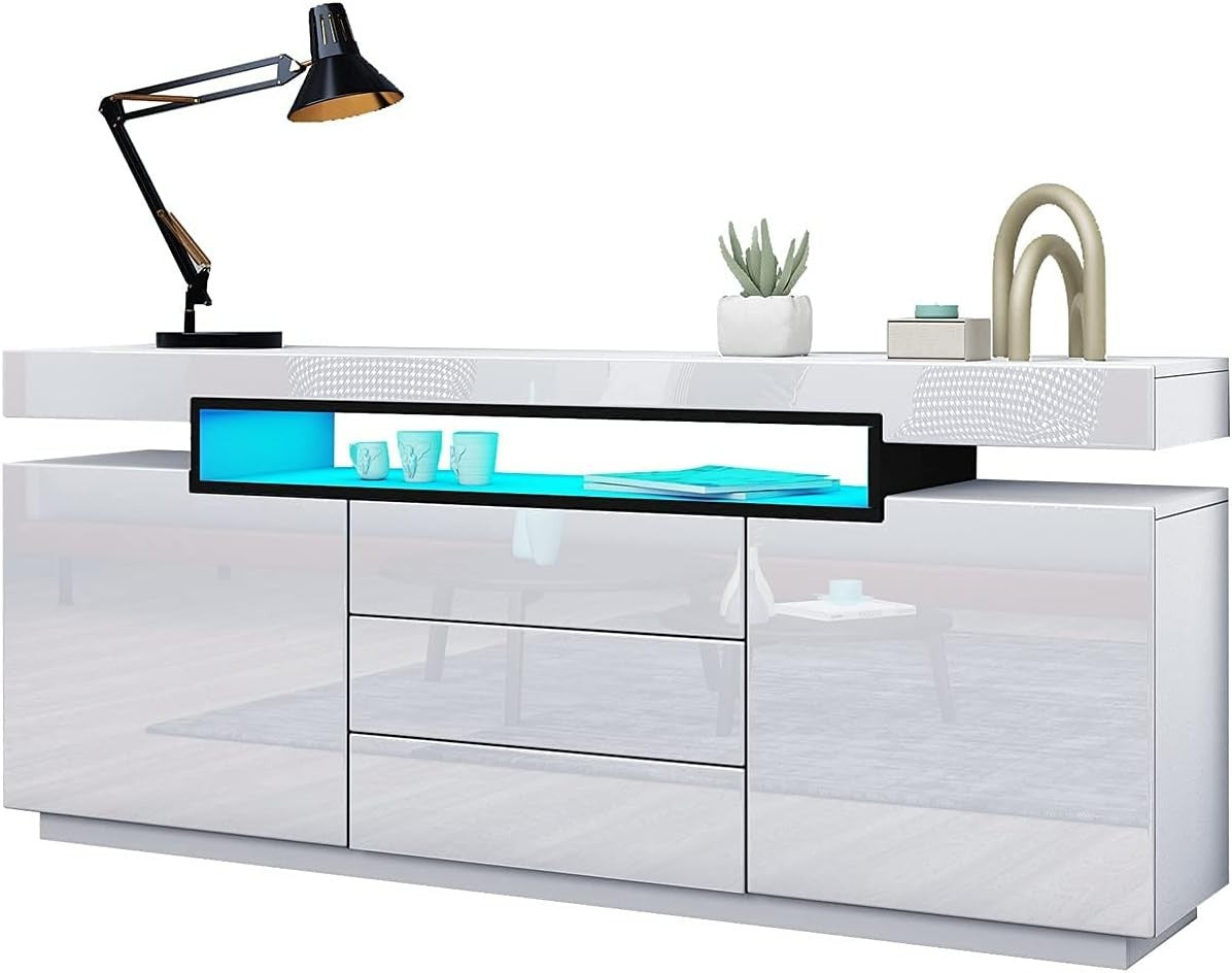 White High Gloss Sideboard Cabinet TV Stand with LED Light 2 Doors 3 Drawers