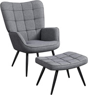 Modern Oversized Gray Linen Accent Chair with Ottoman - High Back Living Room