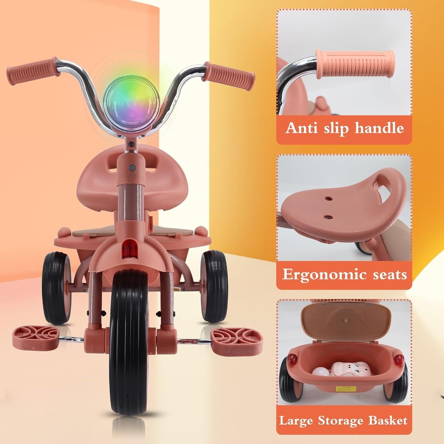 Foldable Toddler Tricycle 3 Wheel Kids Bike Music Lights Storage 1-4Y