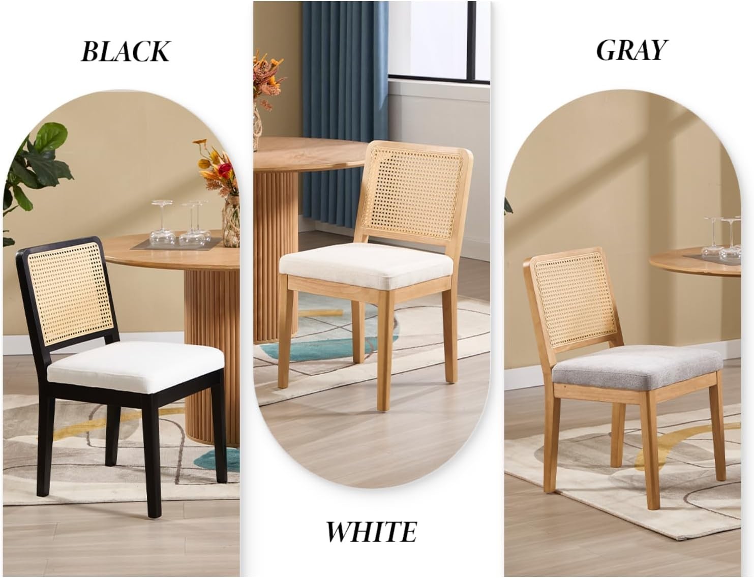 Black Rattan Dining Chairs Set of 4 Upholstered Mid Century Solid Wood Seats