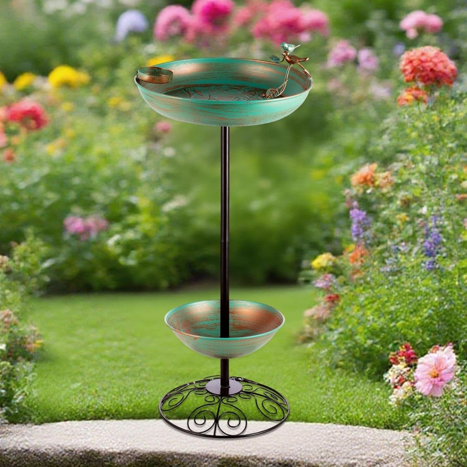 Wrought Iron Bird Bath Feeder Outdoor Garden Decor Double Bowl Stand
