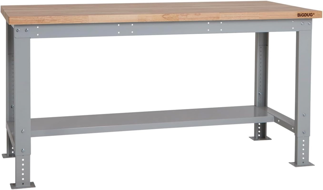 Adjustable Heavy Duty Workbench 600kg Wood Top with Shelf 1715mm x 750mm
