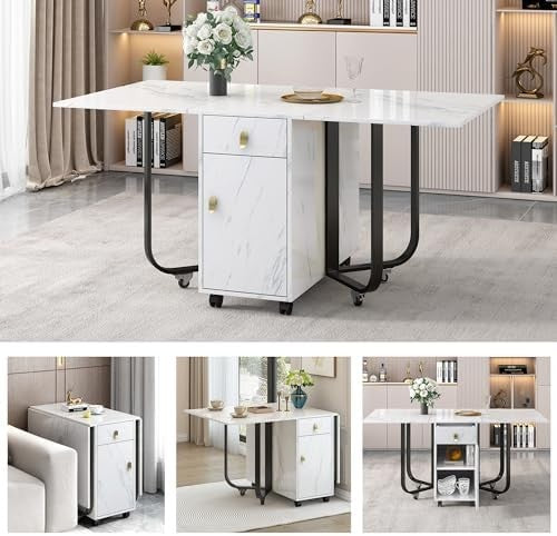 Folding Drop Leaf Dining Table with Storage Cupboard & Drawers Space Saving