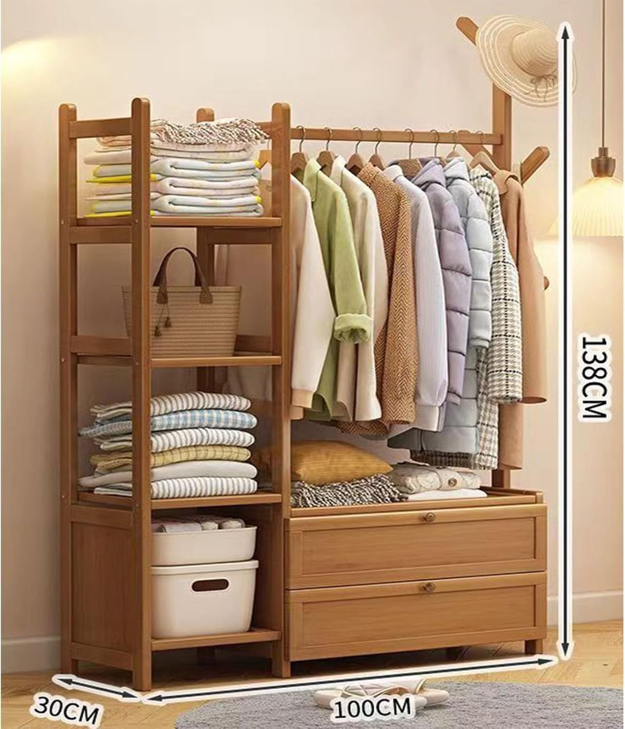 Bamboo Open Wardrobe Clothes Shelf with Drawers & Hooks 100cm
