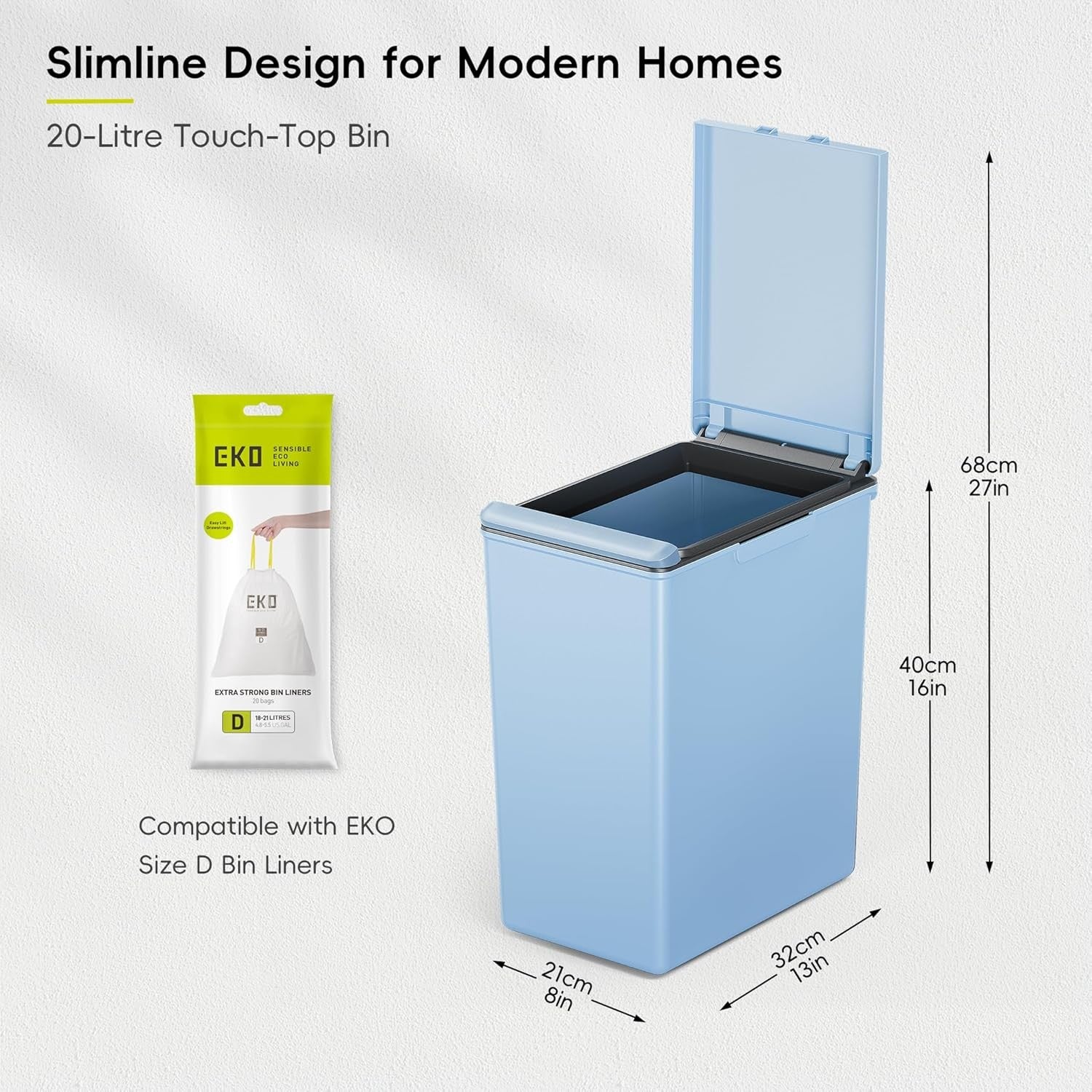20L Slim Kitchen Recycling Bin Touch Top Lid Plastic Waste Rubbish Blue