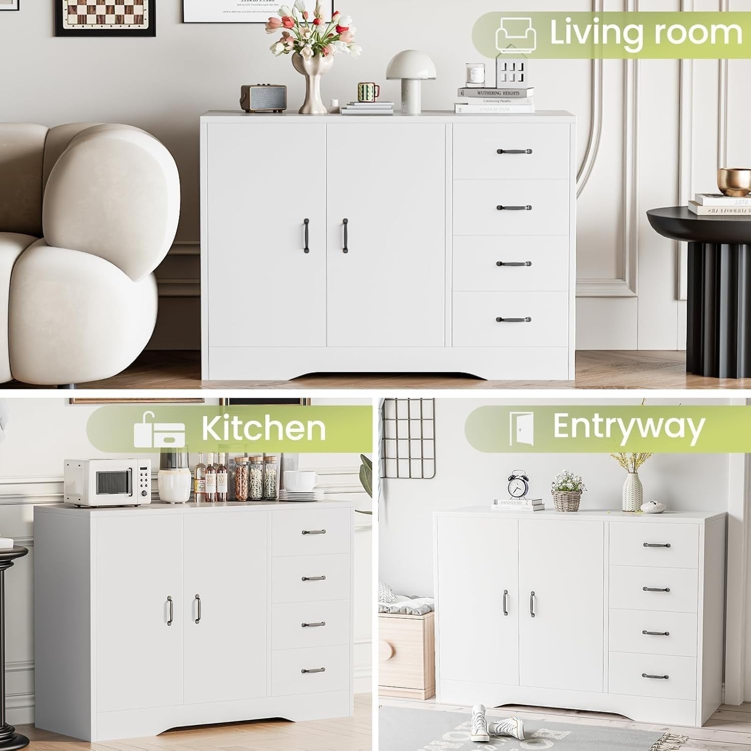 White Sideboard Buffet Cabinet 4 Drawer Adjustable Shelf Kitchen Storage