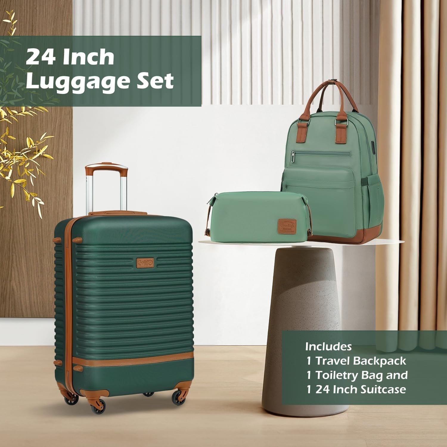 24'' Green Brown Luggage Set Hard Shell TSA Lock 360 Spinner + Backpack