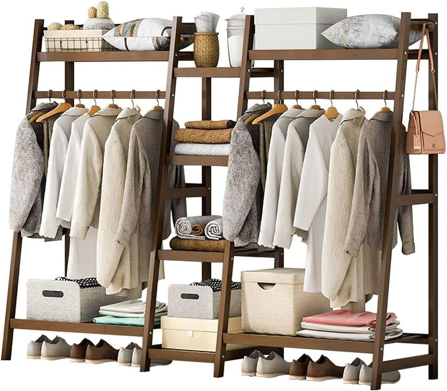 Bamboo Clothes Rail Double Hanging Rack with 8 Shelves 150cm