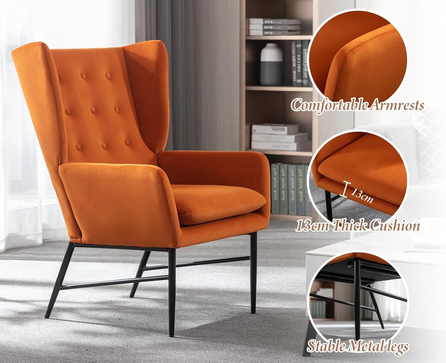 Orange Velvet Accent Armchair Tufted Back Lounge Chair Metal Legs Modern Seat
