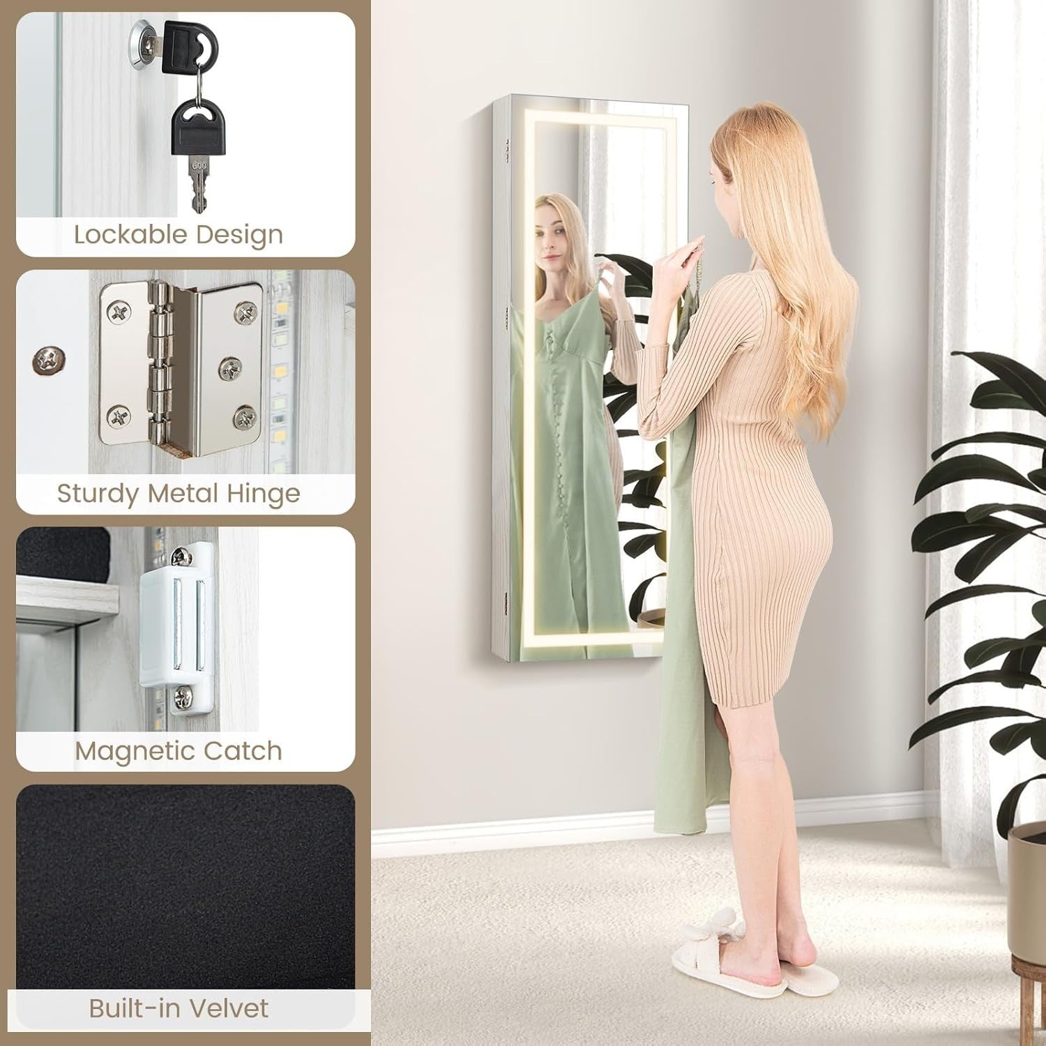 White LED Wall Mounted Jewelry Cabinet Mirror Lockable 3-Color Light