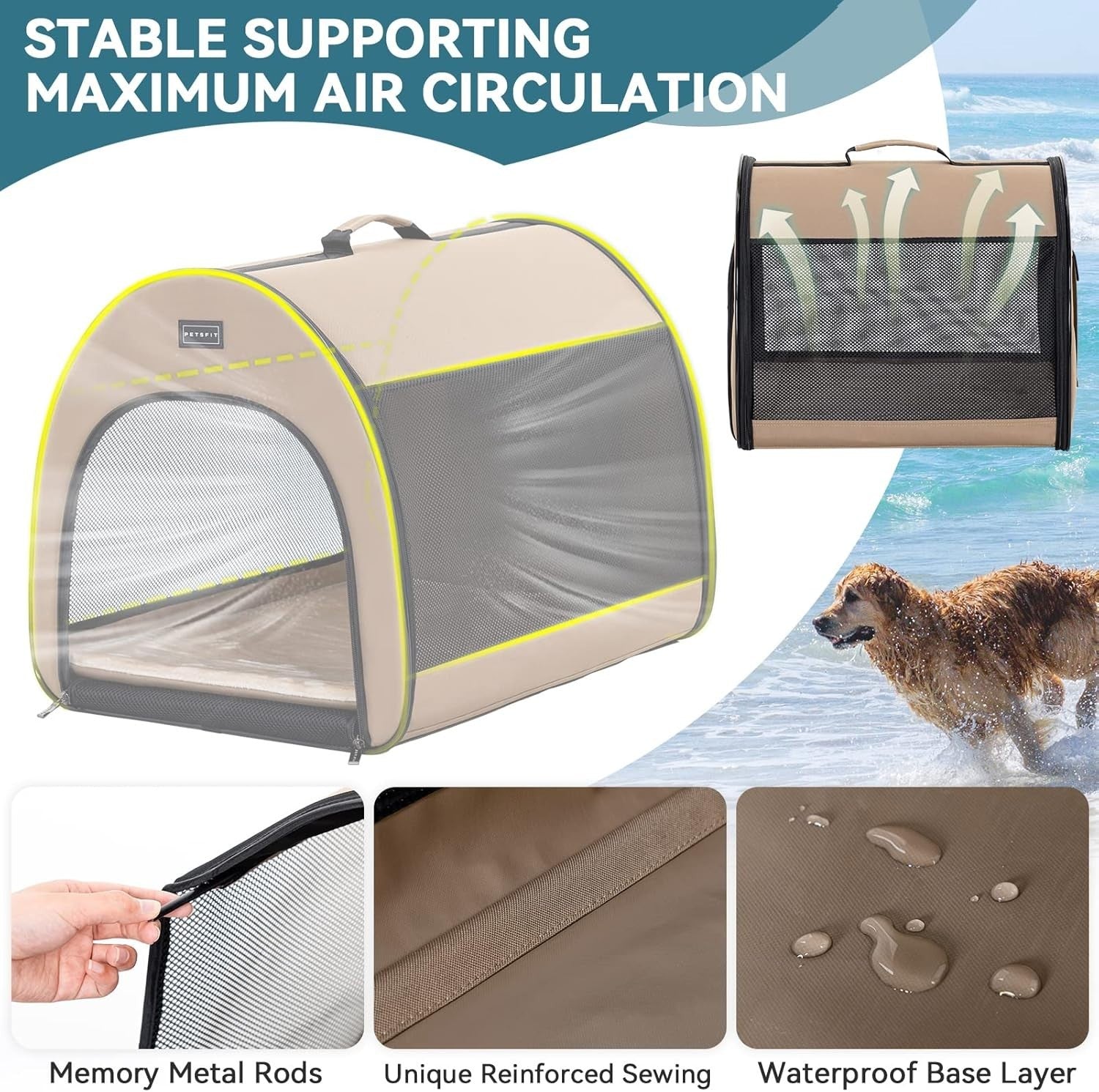 Soft Dog Crate 67x50x50cm Portable Travel Carrier Cat Kennel with Mat Khaki
