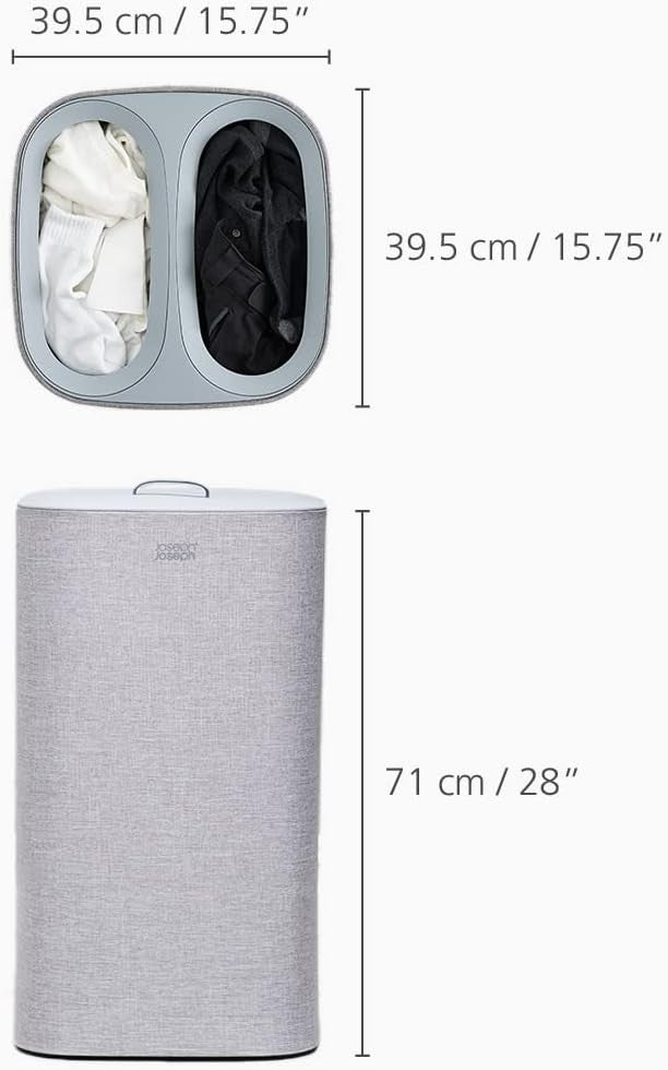 60L Dual Laundry Basket with Lid Removable Washing Bags Modern Grey Fabric