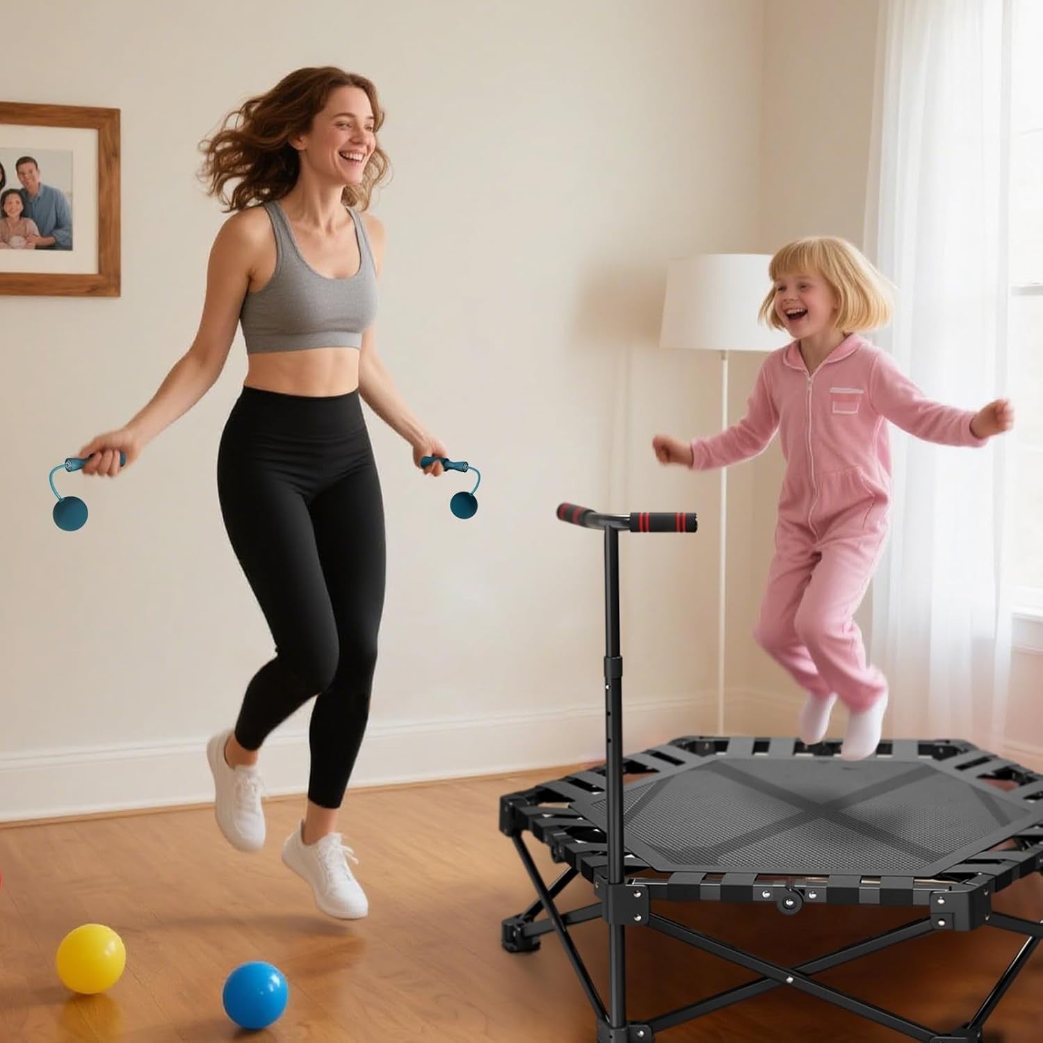 42” Fitness Trampoline Rebounder Adjustable Handle One-Click Fold 300KG