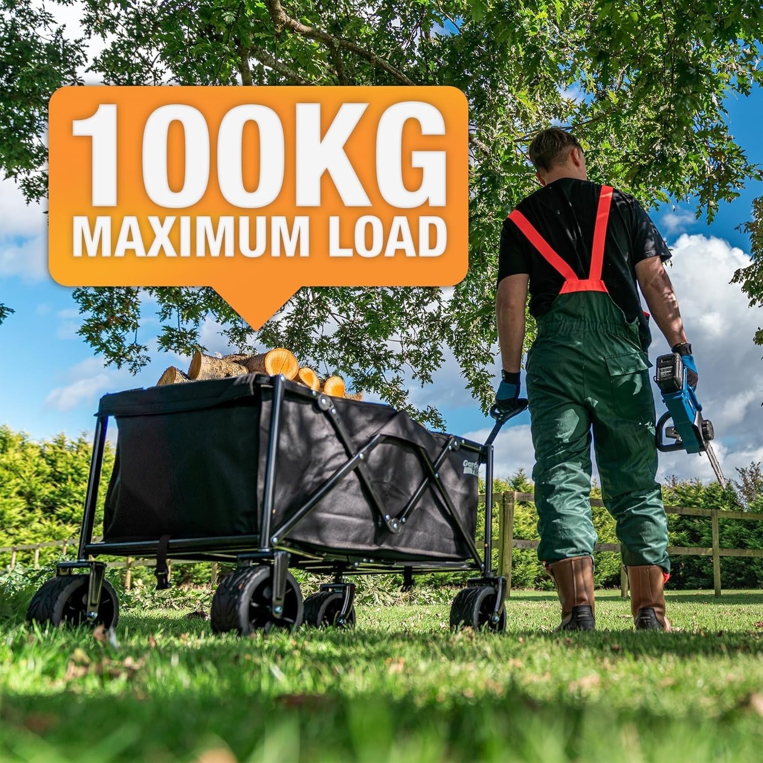 Folding Garden Trolley Cart 100kg Load 135L Capacity w/ Brakes 360° Wheels Black