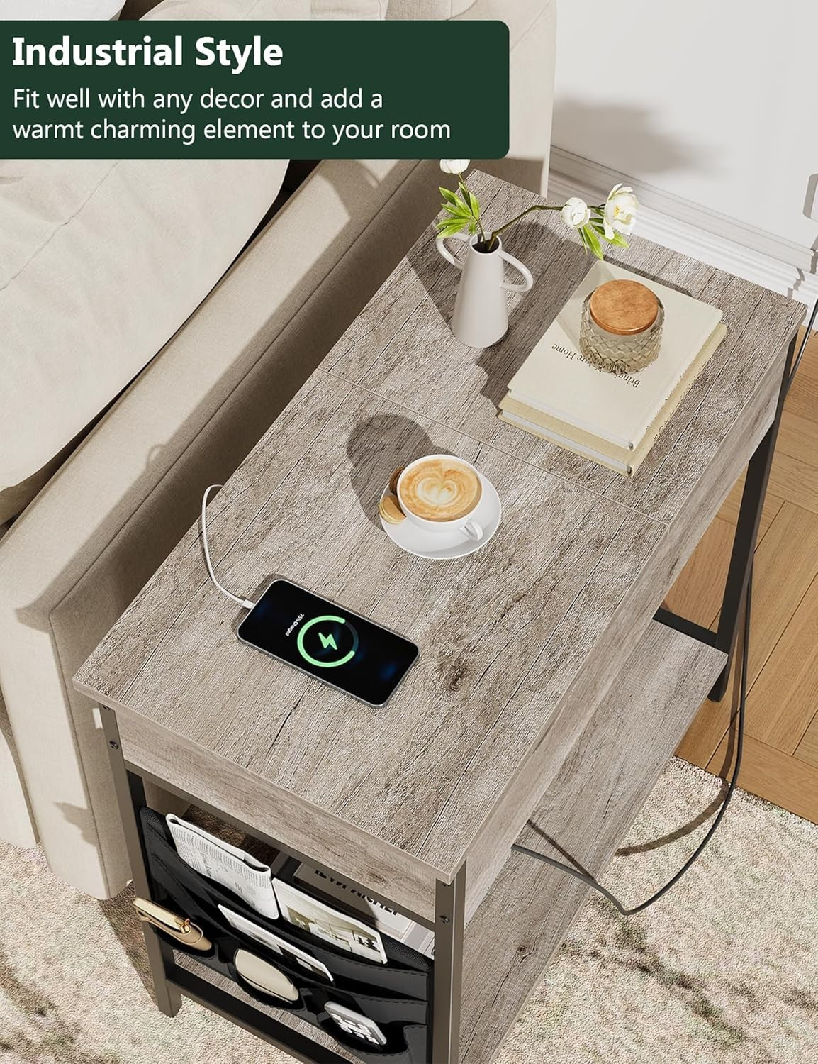 Light Wood Narrow Bedside Table with USB Charging Ports & Storage