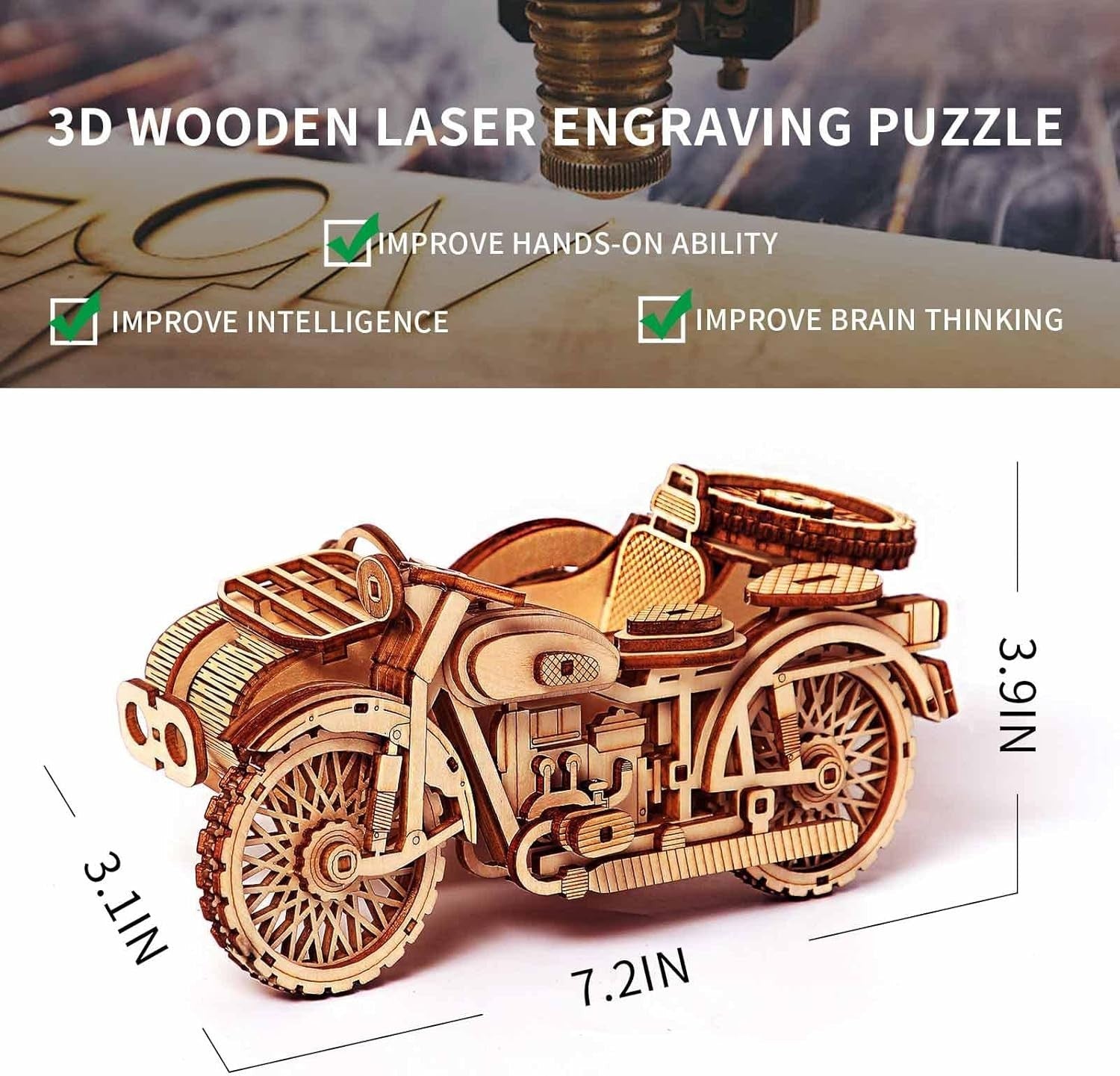 Wooden Sidecar Motorbike 3D Puzzle Kit – Retro Model for Adults & Teens