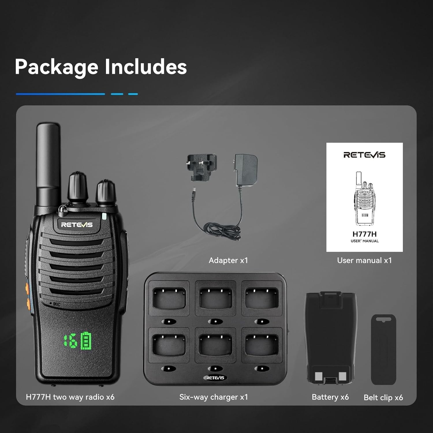 Walkie Talkies 6 Pack Rechargeable Two Way Radio w Screen 6 Way Charger