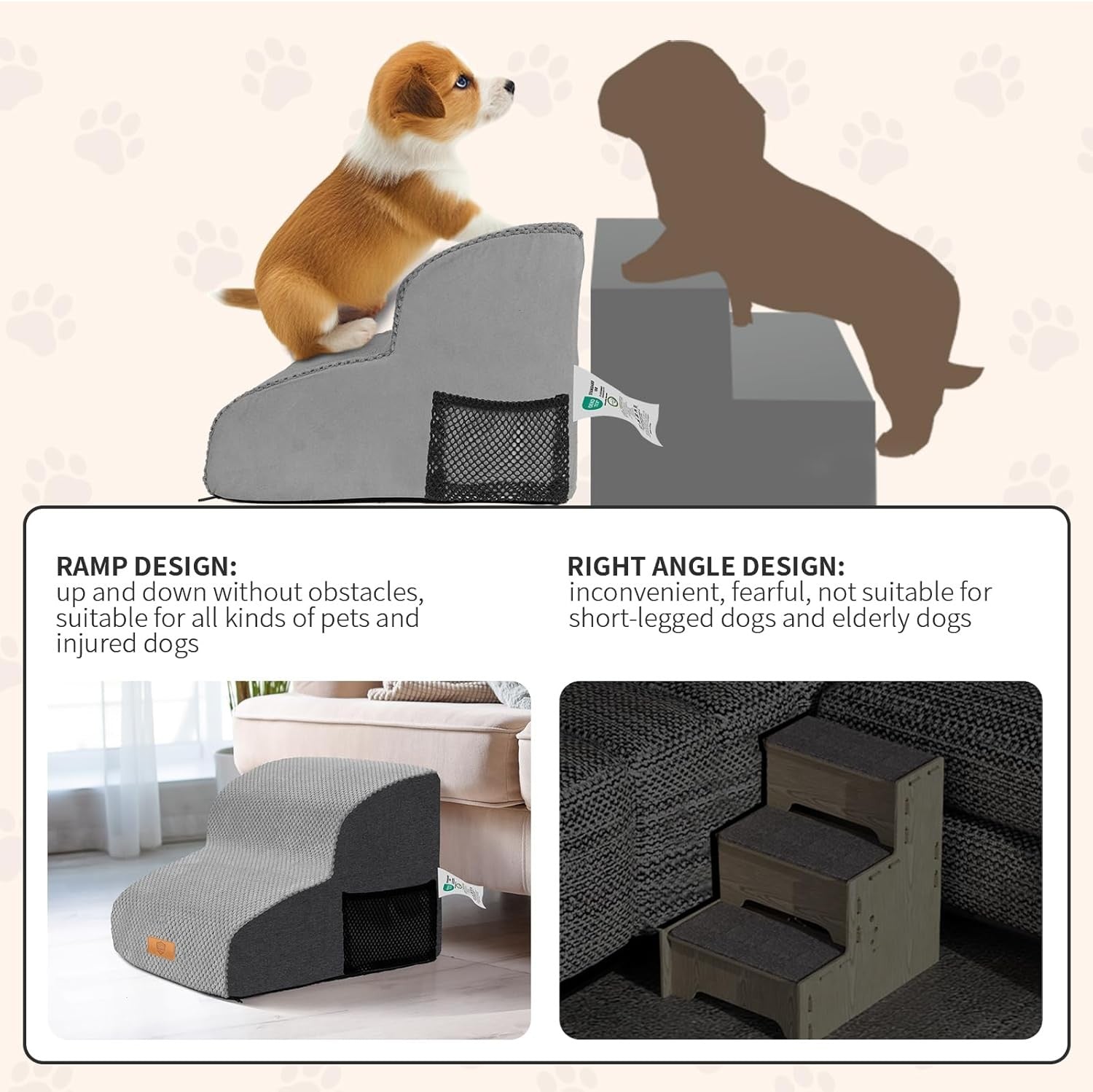 Grey 2 Step Dog Stairs 30D Foam Non Slip Ramp 40x30x40cm