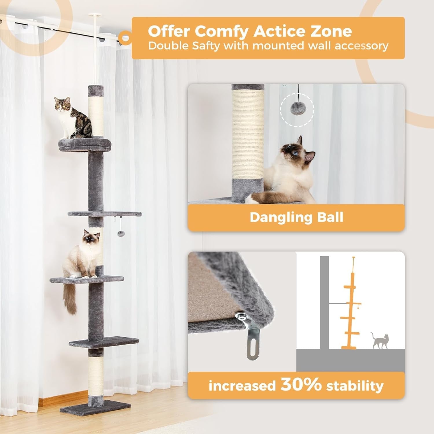 Floor to Ceiling Cat Tree Tower Adjustable 243–273cm 5 Tier Scratching
