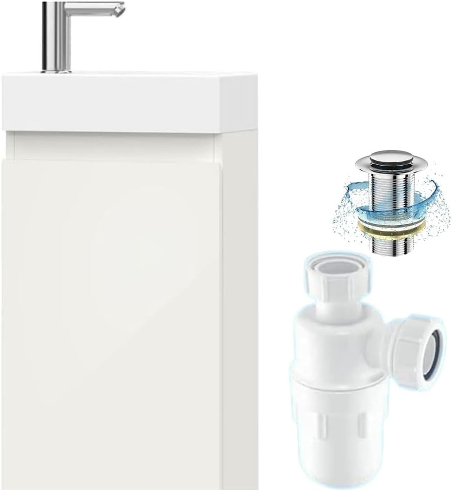 White Cloakroom Vanity Unit with Basin Trap & Waste 40cm Under Sink Storage