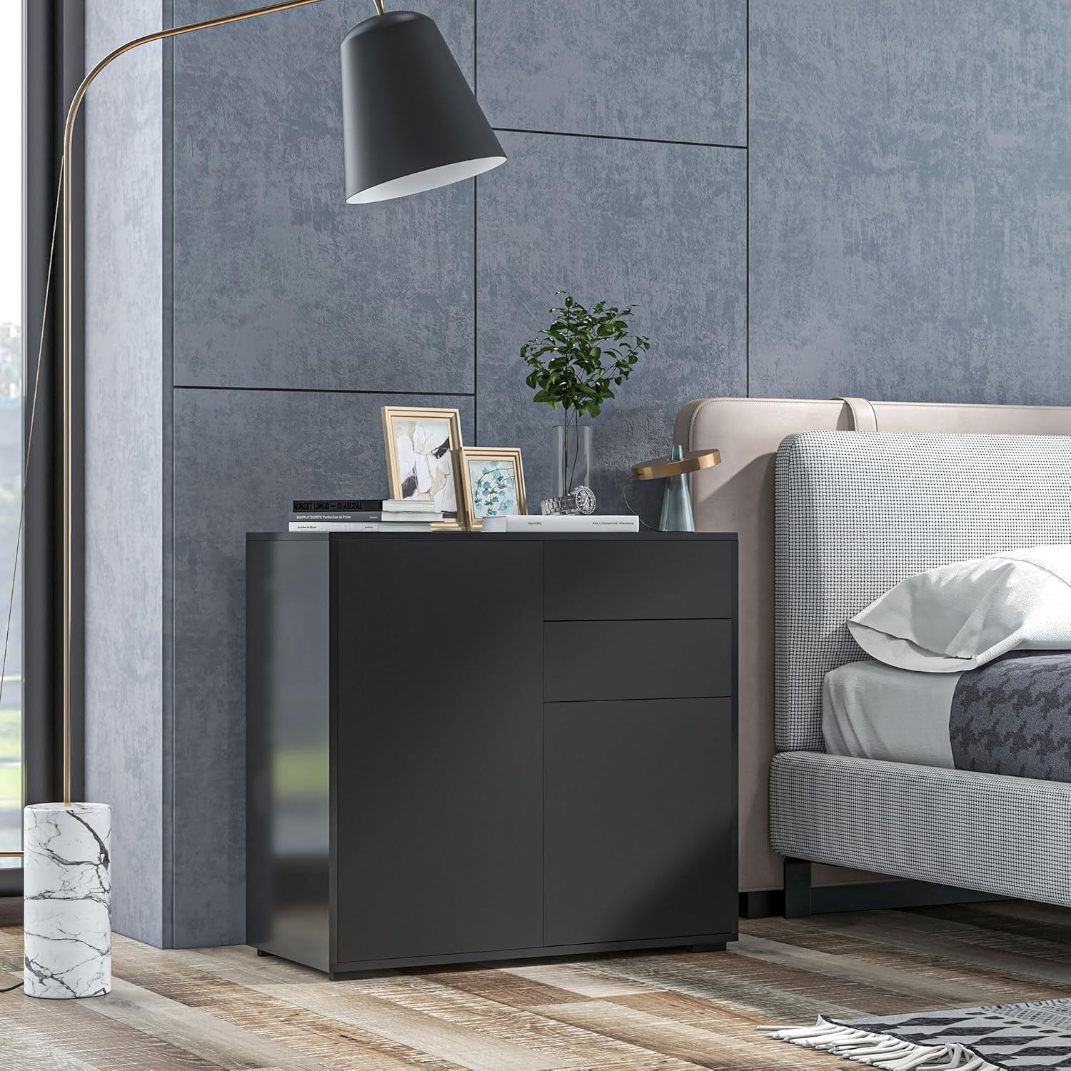 Black High Gloss Sideboard Cabinet 2 Doors 2 Drawers Push-Open Storage