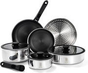 15Pcs Non-Stick Stainless Steel Cookware Set with Lids Steamer Detachable Handle