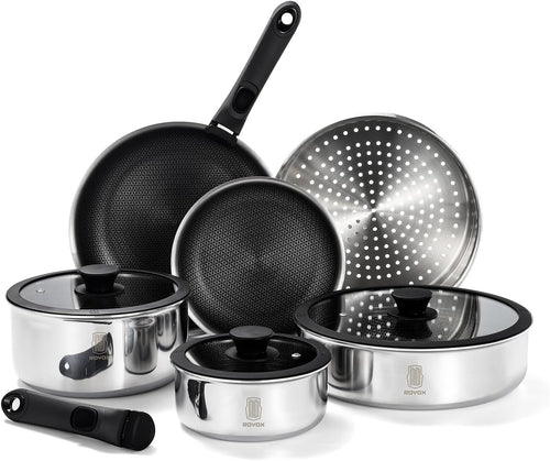 15Pcs Non-Stick Stainless Steel Cookware Set with Lids Steamer Detachable Handle