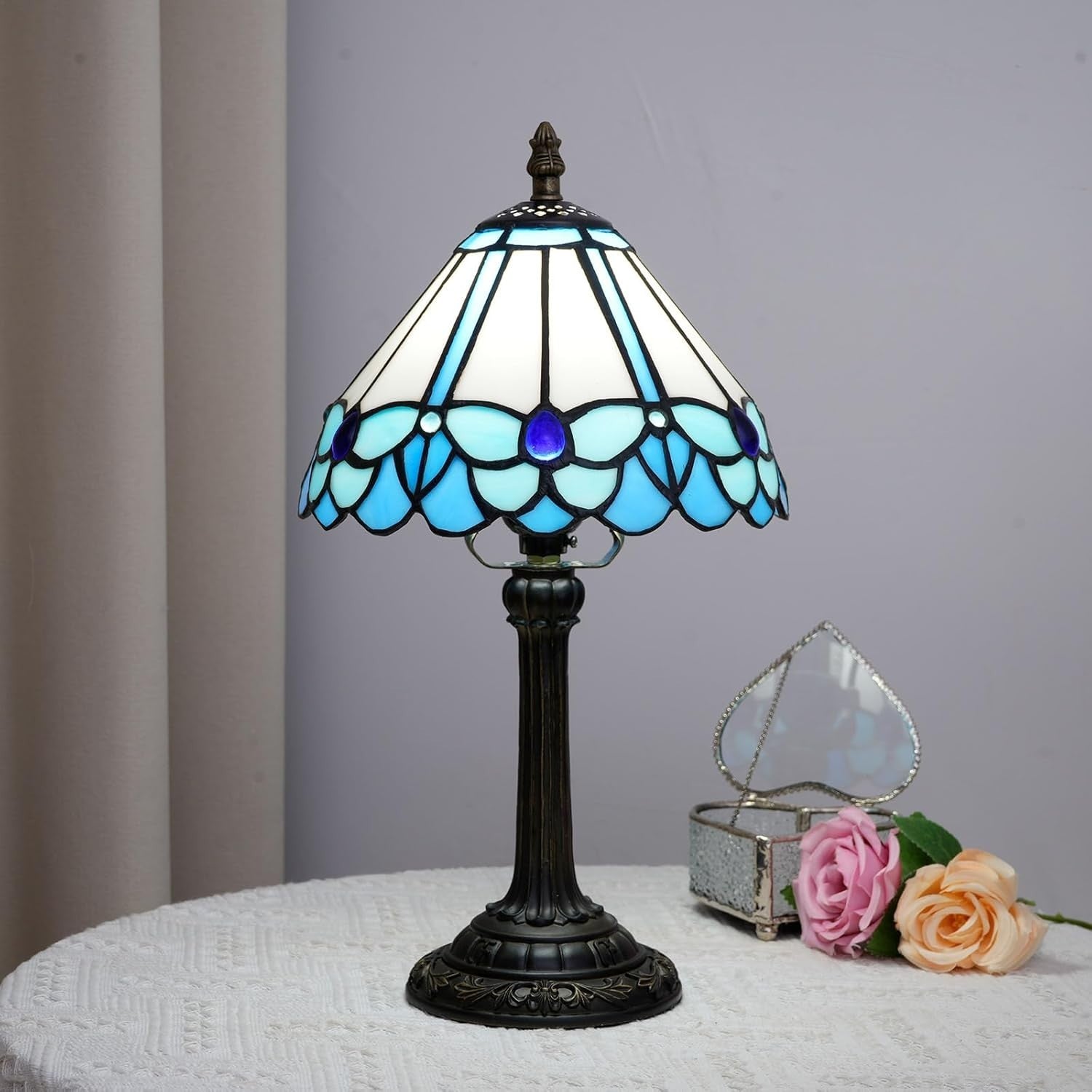 Blue Butterfly Stained Glass Table Lamp | LED Bedside Desk Light 8x8x14 Inch