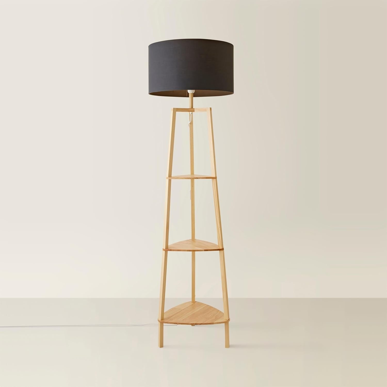 Wooden Floor Lamp with Shelves Storage, Tall Standing Light Grey Shade
