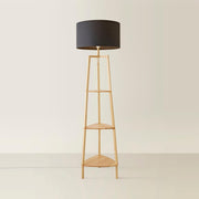 Wooden Floor Lamp with Shelves Storage, Tall Standing Light Grey Shade