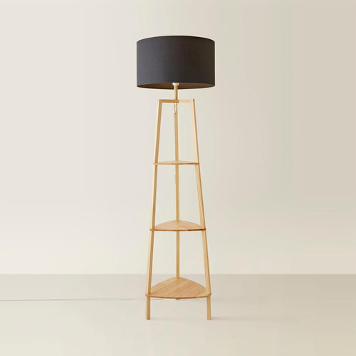 Wooden Floor Lamp with Shelves Storage, Tall Standing Light Grey Shade