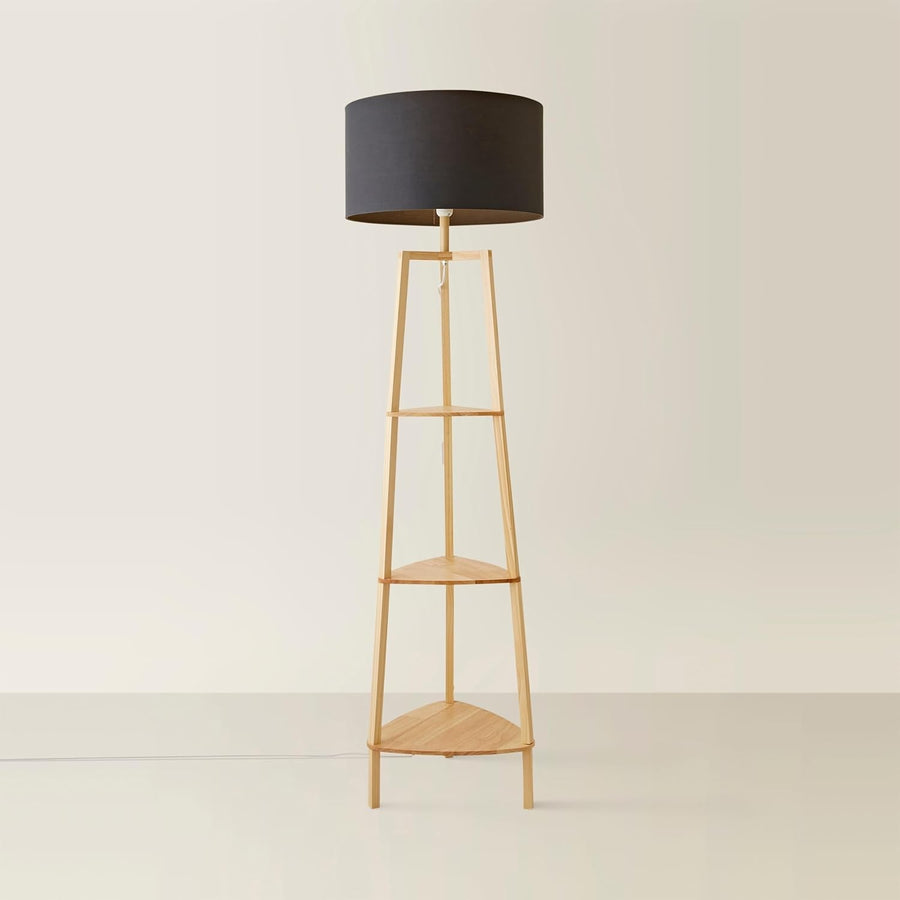 Wooden Floor Lamp with Shelves Storage, Tall Standing Light Grey Shade