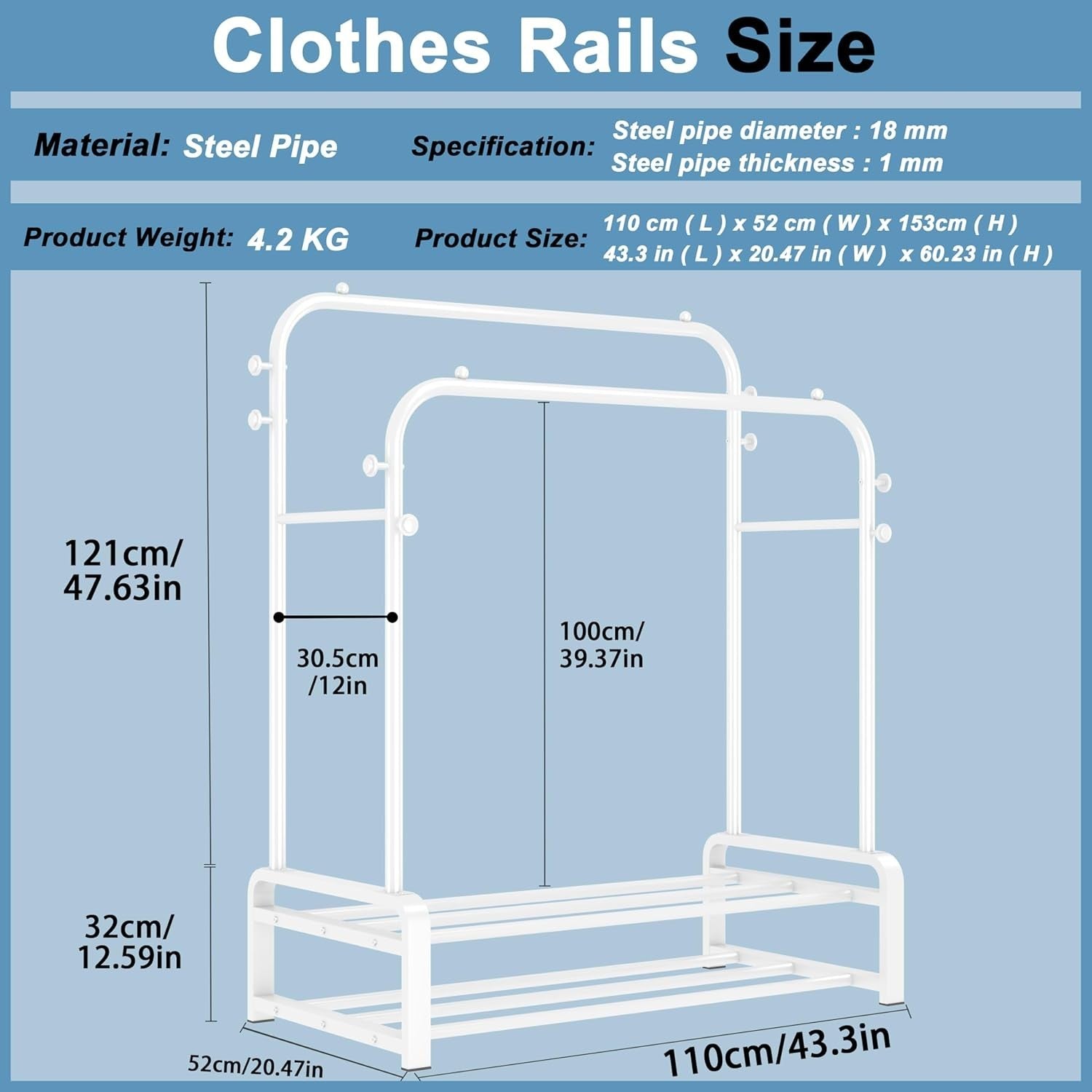 Heavy Duty Double Rail Clothes Rack with Shoe Shelves – White