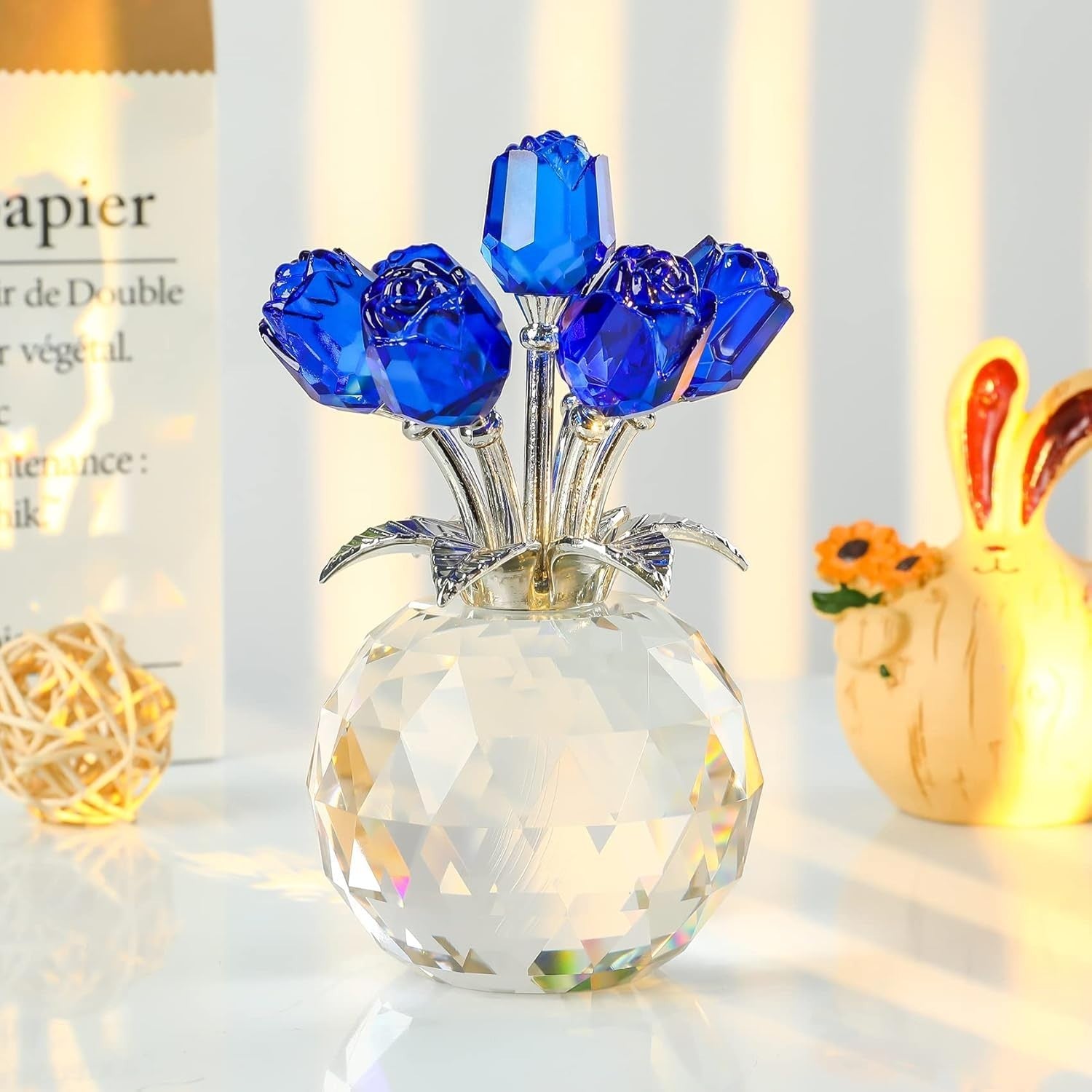 Blue Crystal Rose Bouquet Ornament Gift for Women Mum Birthday Anniversary