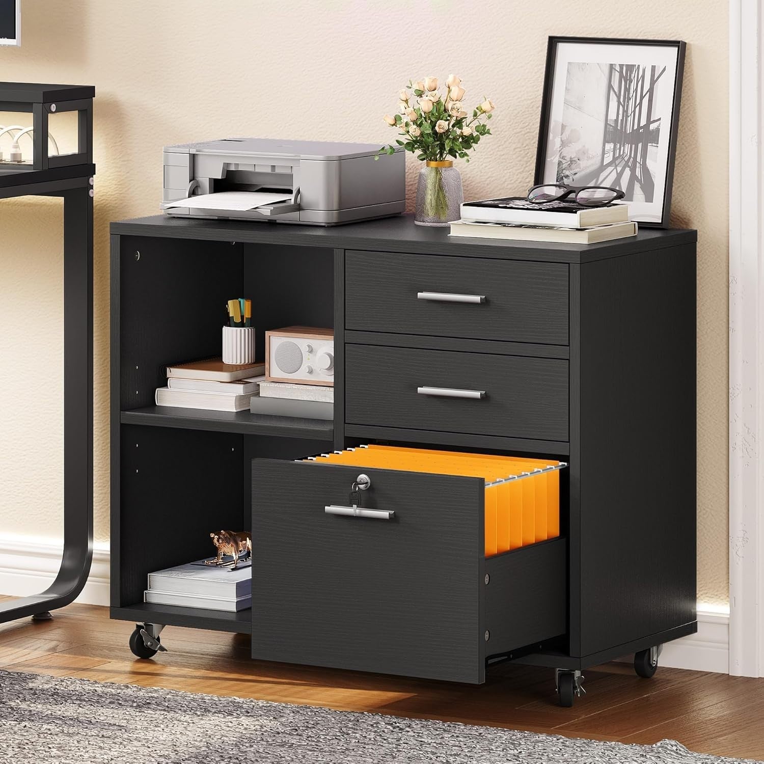 Black Rolling File Cabinet 80x40x65cm 3 Drawer Printer Stand