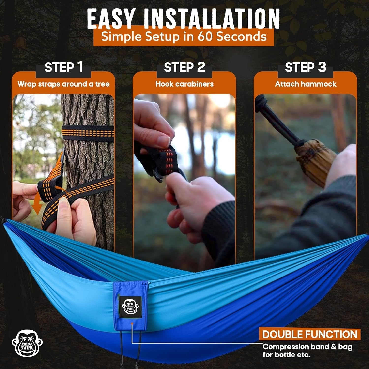 Ultralight Camping Hammock Blue | 300kg Load, Tree Straps & Carabiners