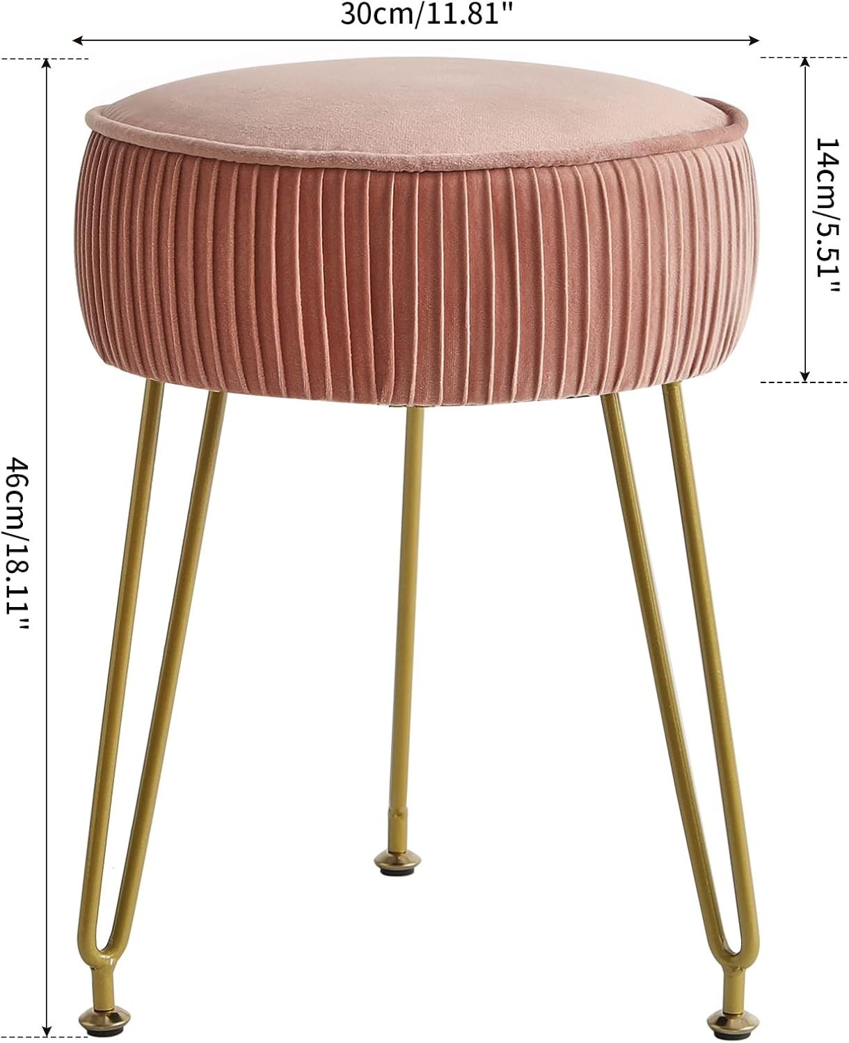 Pink Velvet Round Vanity Stool with Golden Steel Legs – Footrest & Side Table