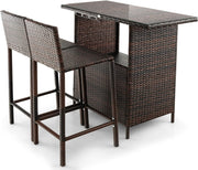 Rattan Bar Table Set with 2 Stools Glass Top Storage Shelves Patio Bistro