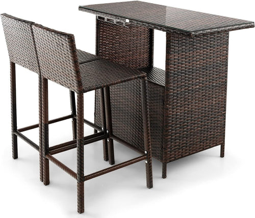 Rattan Bar Table Set with 2 Stools Glass Top Storage Shelves Patio Bistro