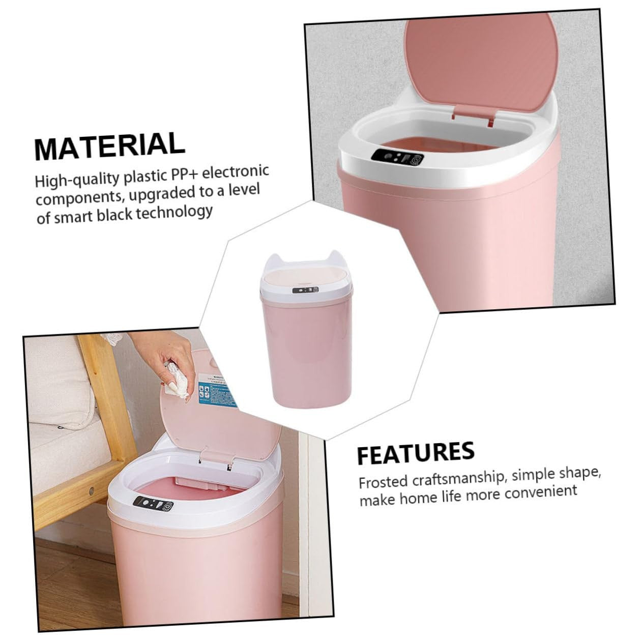 Touchless Sensor Bin 10L Automatic Trash Can Pink Quiet Rechargeable