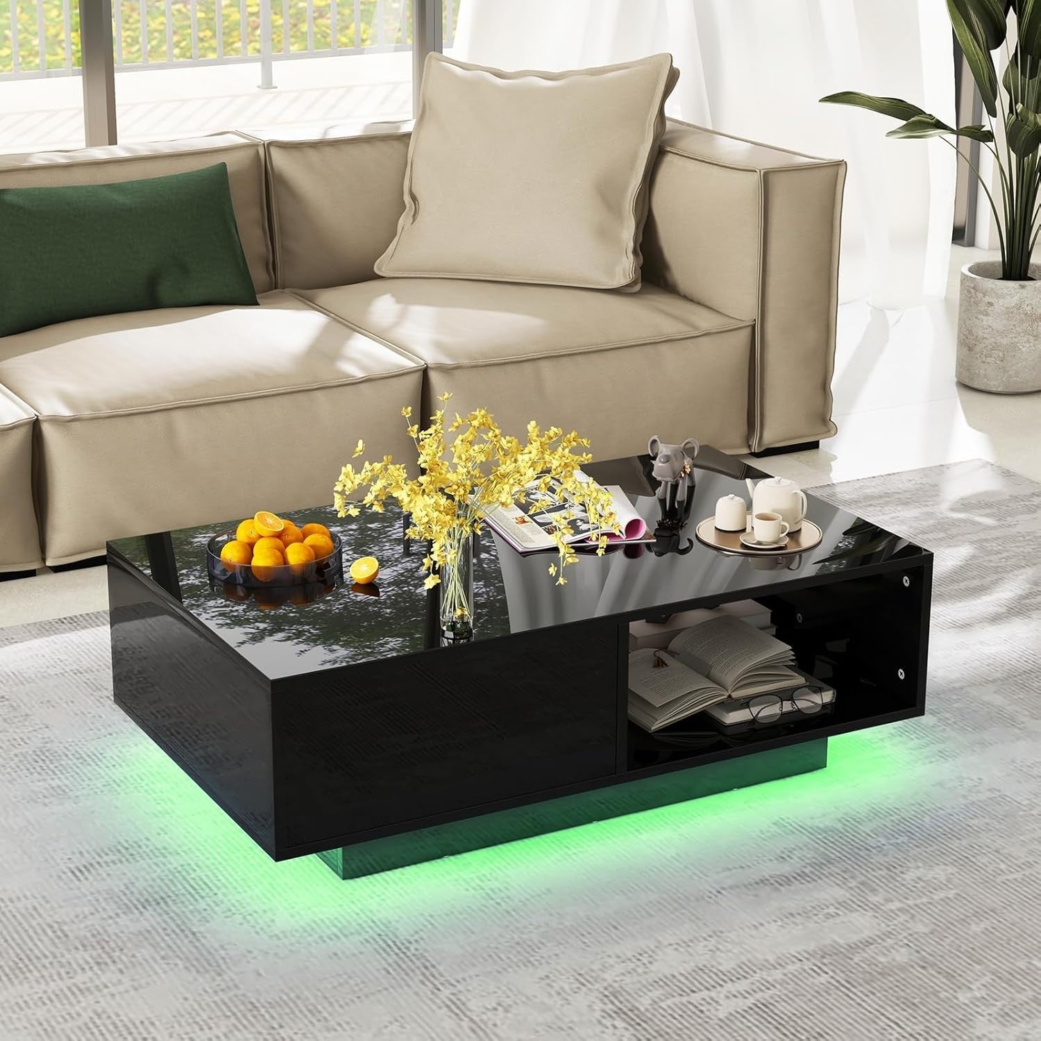 Modern LED Coffee Table with Storage Drawer – 20 Colour Lights, Black