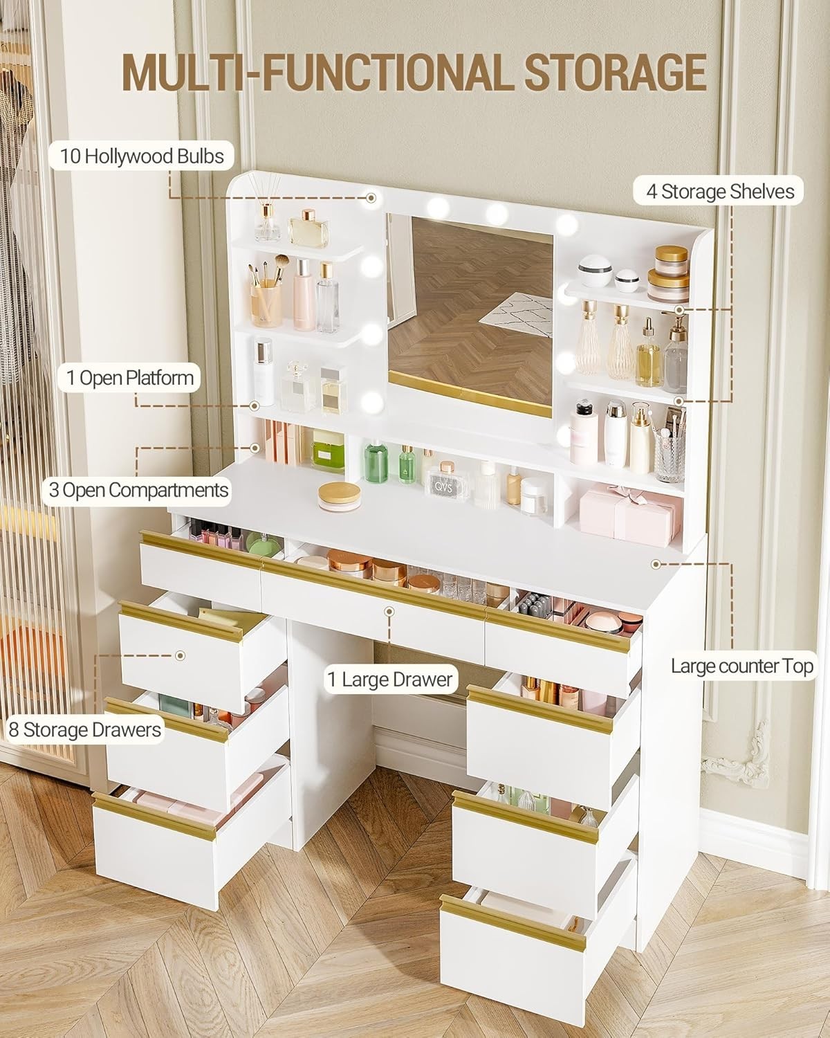 Vanity Makeup Dressing Table Desk w/Large Mirror LED Lights 9 Drawers White-Gold