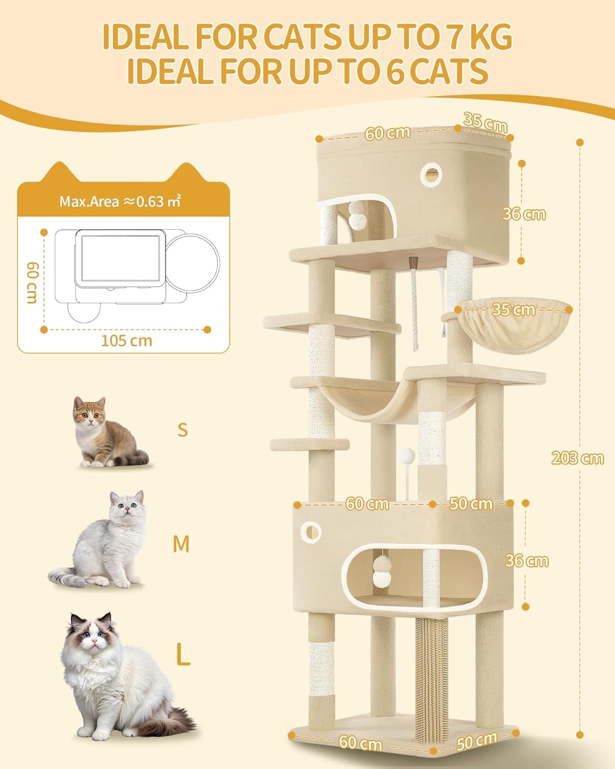 203cm Tall Cat Tree Tower XXL Multi-Level Scratching Posts Condos Large Cats